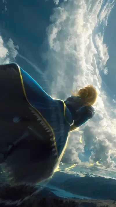 Girl in blue dress ascending into the sky