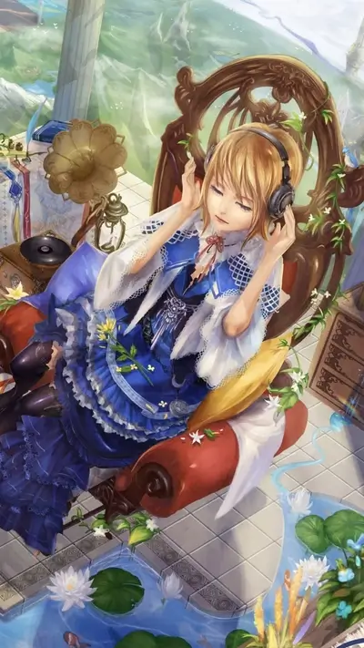 Girl in blue dress listening to music in ornate chair