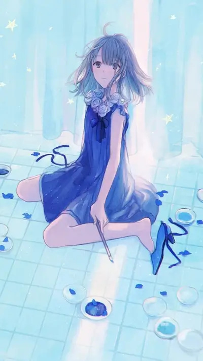 Girl in blue dress sitting on tiled floor