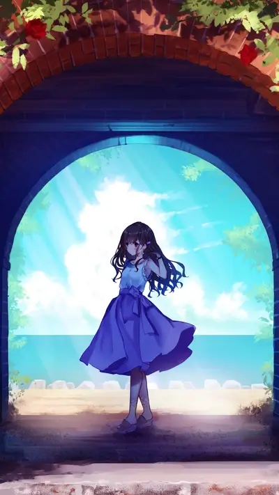 Girl in blue dress standing under archway