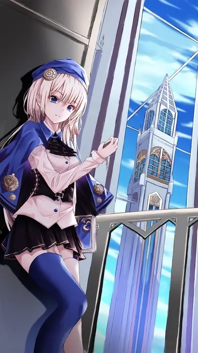Girl in blue outfit near a tall tower
