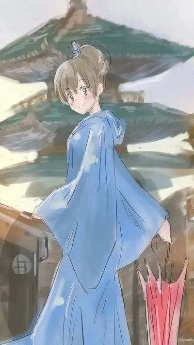 Girl in blue robe turns back, holding an umbrella in traditional Japanese buildings