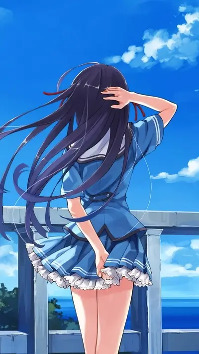 Girl in blue sailor dress with long, dark hair looking out