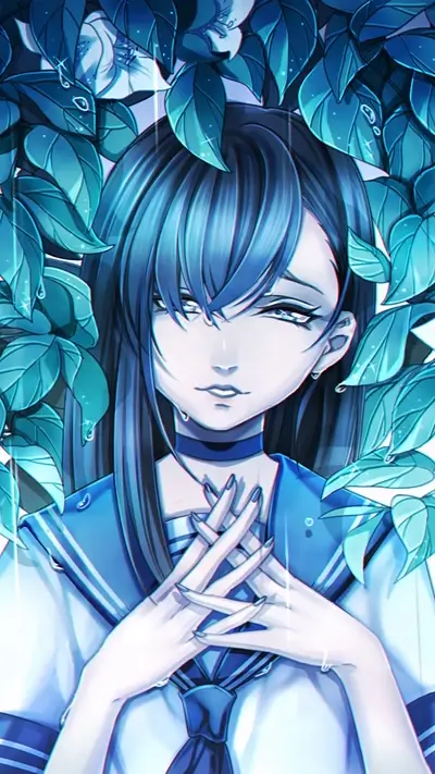 Girl in blue sailor uniform, surrounded by leaves