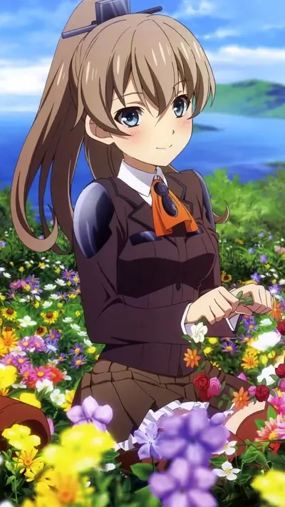 Girl in brown jacket sits among flowers