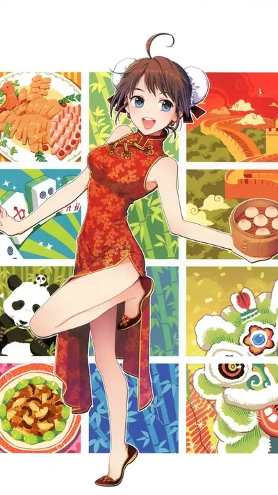 Girl in cheongsam with Chinese food and landmarks