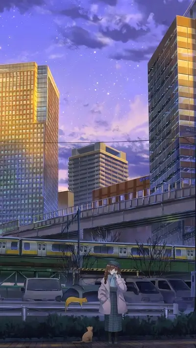 Girl in city with tall buildings, train passing and a couple cats