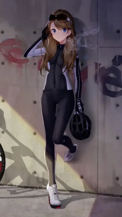 Girl in cycling outfit leaning against a wall