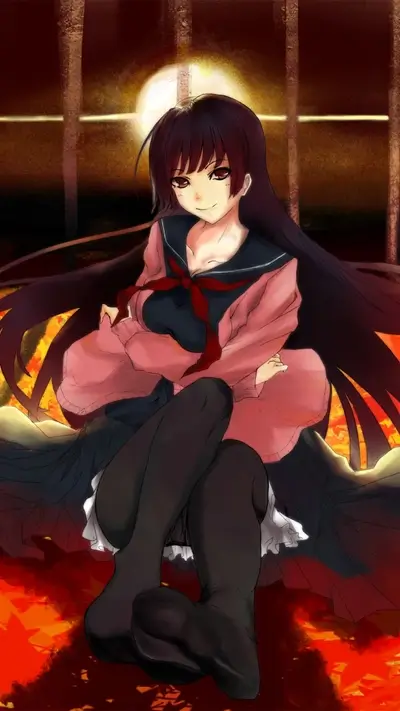 Girl in dark clothing sitting on a fiery surface