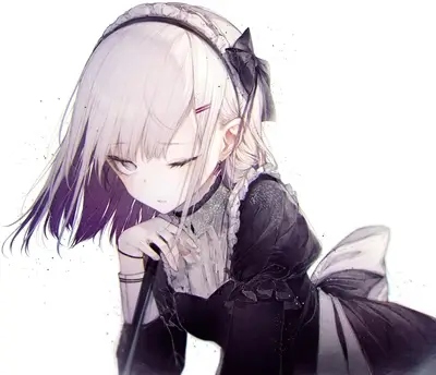 Girl in dark dress with white hair and closed eyes