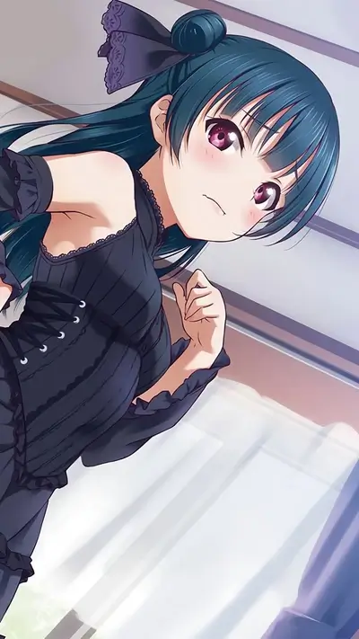 Girl in dark gothic lolita dress, looking down