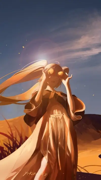Girl in desert landscape holding suns