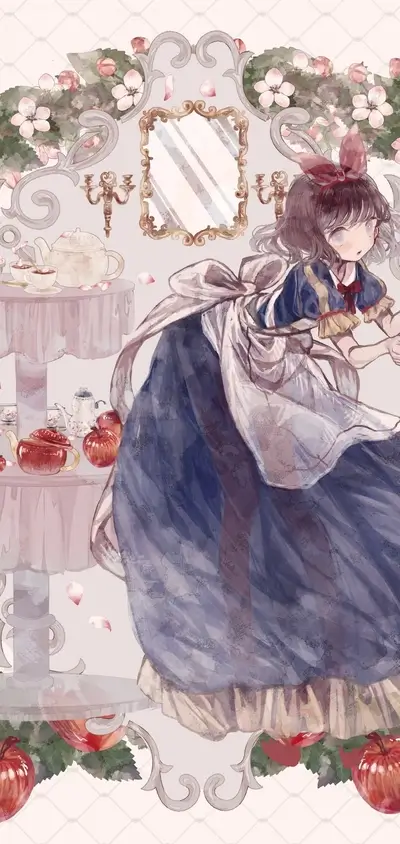 Girl in dress and apron, tea party setting, soft pink floral accents