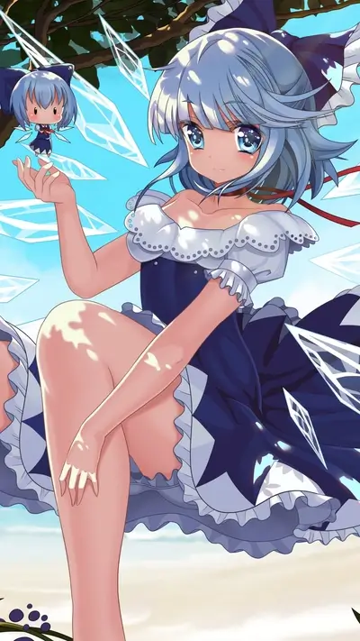 Girl in dress, blue hair, big eyes, cute chibi character, ice crystals around