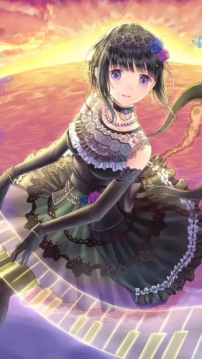 Girl in elegant dress playing piano at sunset