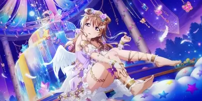 Girl in fantasy dress sitting on clouds