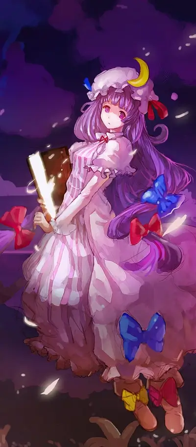 Girl in frilly dress, holding glowing book, adorned with bows and crescent moon