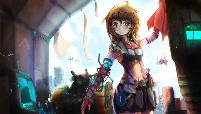 Girl in futuristic city with robotic arm