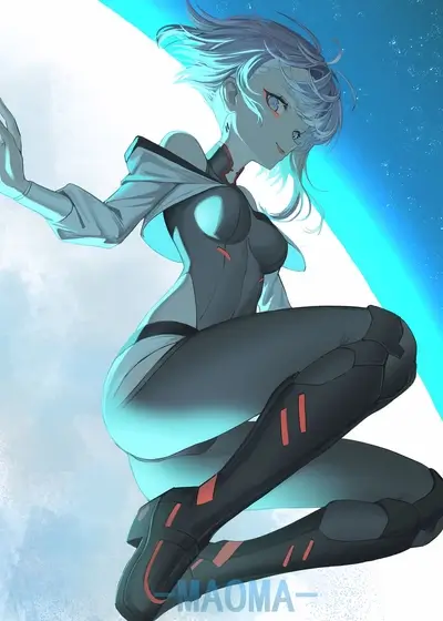 Girl in futuristic suit floating in space