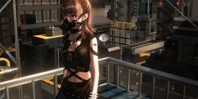 Girl in gas mask on rooftop overlooking city