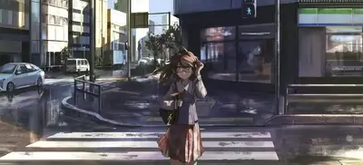 Girl in glasses crossing a street