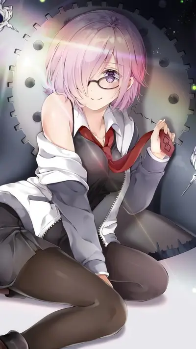 Girl in glasses sitting near a gear