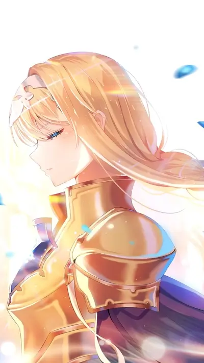 Girl in golden armor, looking down sadly