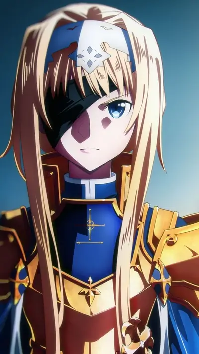 Girl in golden armor with blonde hair and an eyepatch