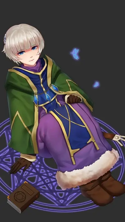 Girl in green and purple robe sitting on magic circle