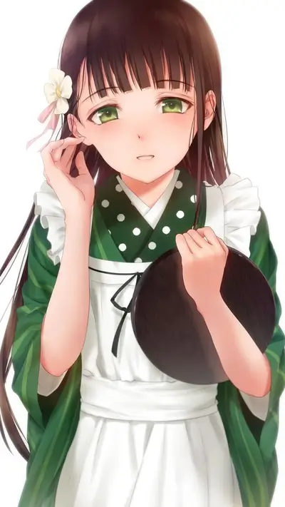 Girl in green kimono and apron holding a tray