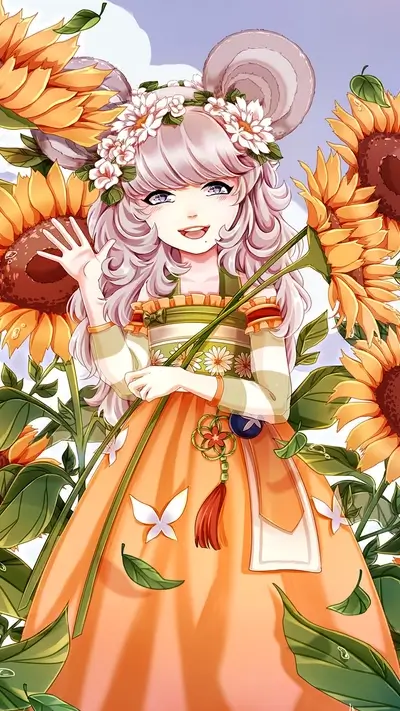 Girl in hanbok among sunflowers