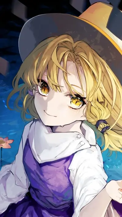 Girl in hat by water, sad expression