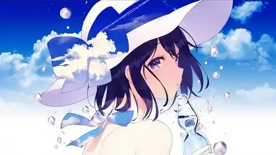 Girl in hat drinking soda under a bright sky