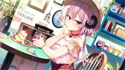 Girl in hat enjoying pancakes and a drink in a cafe