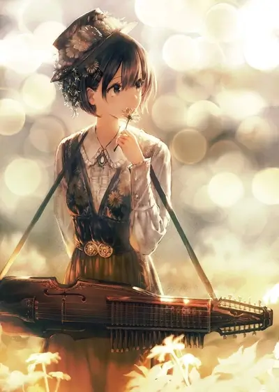 Girl in hat holding flower and musical instrument