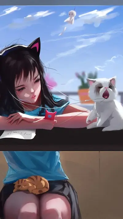 Girl in headphones, kitten yawns, playful ambiance
