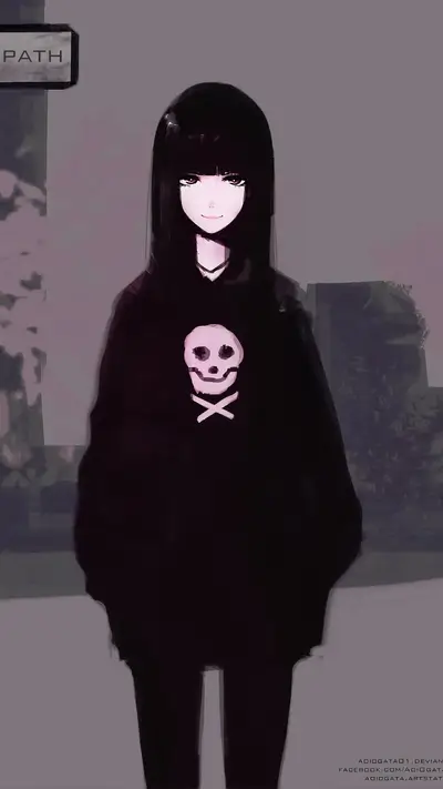 Girl in hoodie with skull graphic, standing near a path sign