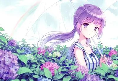 Girl in hydrangeas, holding clear umbrella, with rainbow in background