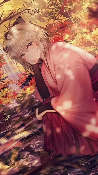 Girl in kimono by autumn river