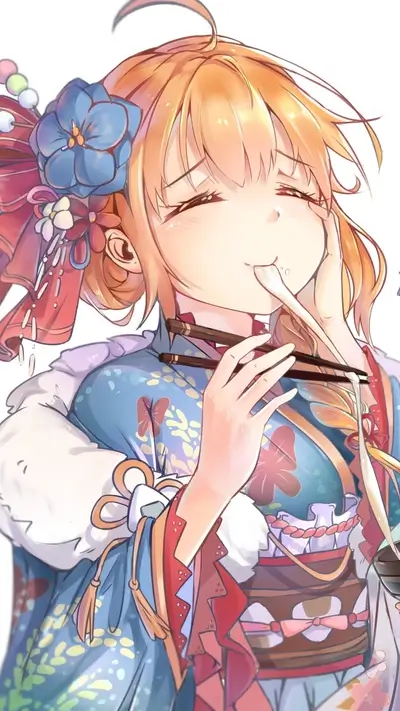 Girl in kimono eating noodles