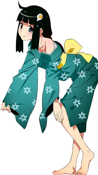 Girl in kimono leaning forwards, hand on the sleeve