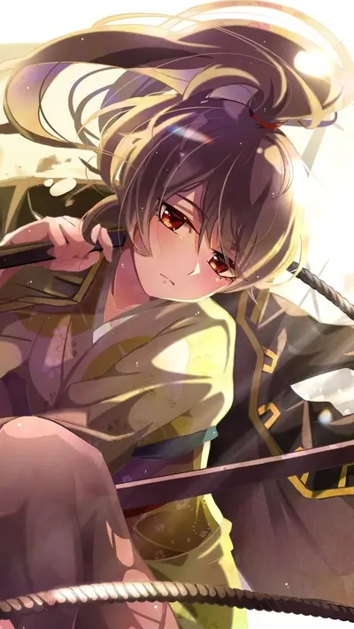 Girl in kimono, looking down, wielding a weapon, sunlit.