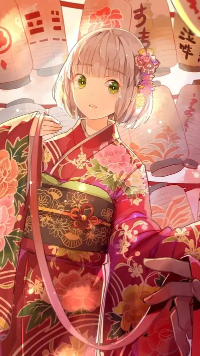 Girl in kimono near lanterns