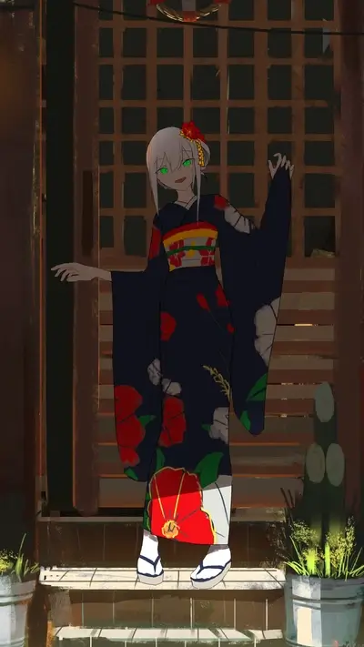 Girl in kimono standing on porch