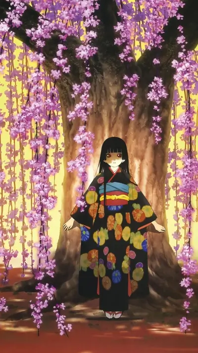 Girl in kimono stands before flowering tree with golden sunlight