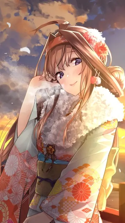 Girl in kimono, sunset background