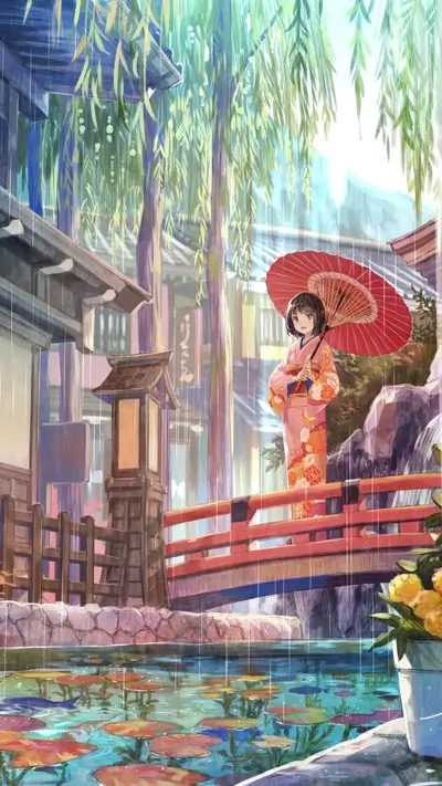 Girl in kimono under a red umbrella in a Japanese garden