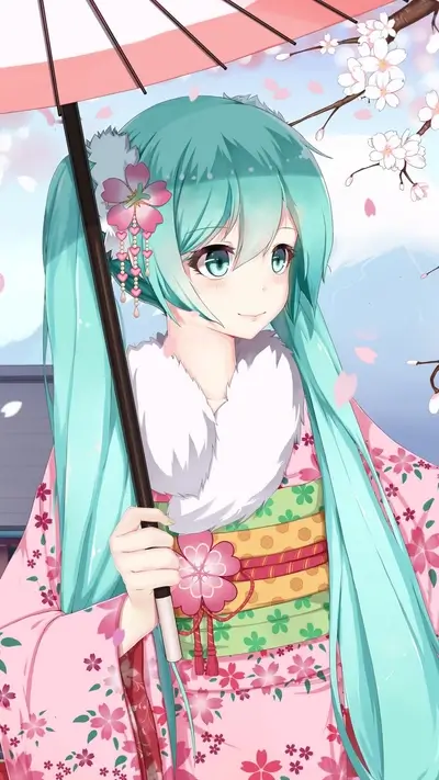 Girl in kimono under pink umbrella