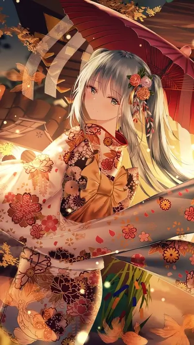 Girl in kimono under red umbrella