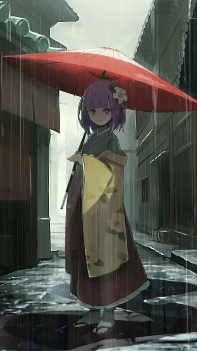 Girl in kimono under red umbrella in rainy alley